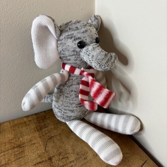 Gray & White Striped Sock Elephant Plush Toy Red White Scarf 9" Good Used Condit - Picture 1 of 6